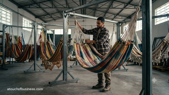 Man inspects finished fabric hammocks hanging on test racks in a large warehouse facility.