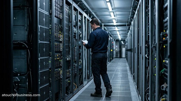 A technician walks a dim server corridor lined with blinking racks, illustrating the vast physical infrastructure powering every AI interaction.
