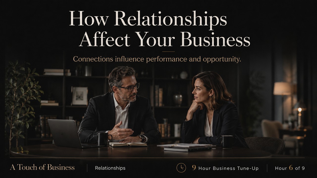Two business professionals in conversation beneath a large editorial headline about how relationships affect your business.