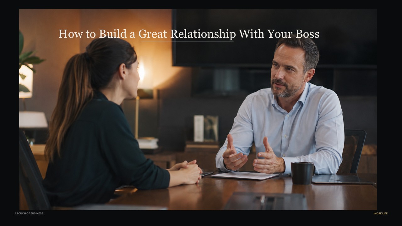 Professional conversation between two people across a conference table in a modern office.