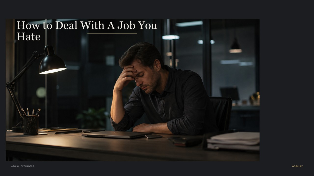 Tired person sitting alone at an office desk late at night under a desk lamp.