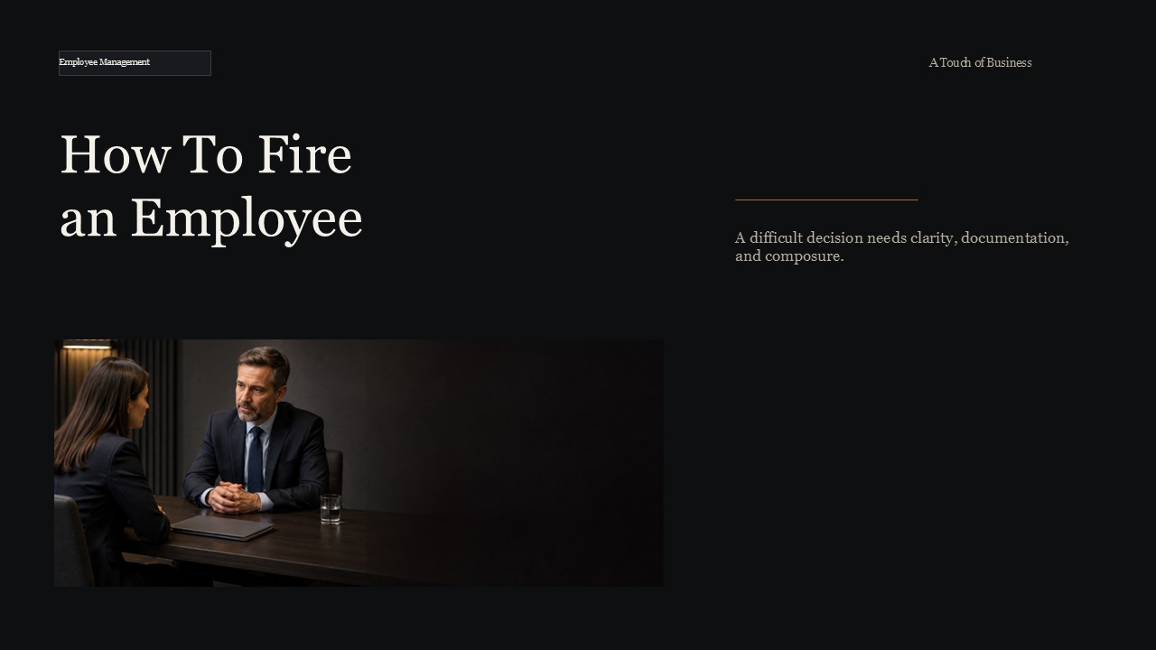 Serious manager and employee seated across a dark conference table in a cinematic office.