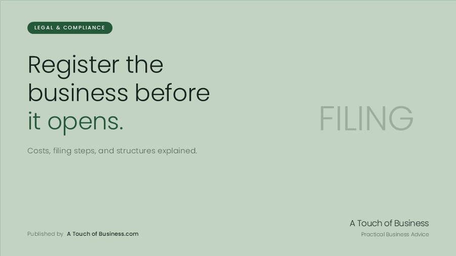 Featured image for A Touch of Business guide on registering a business, covering filing costs and legal structures.