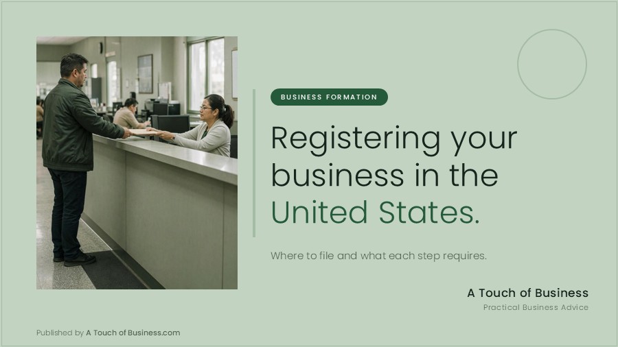 Featured image for A Touch of Business guide on registering a business in the United States.