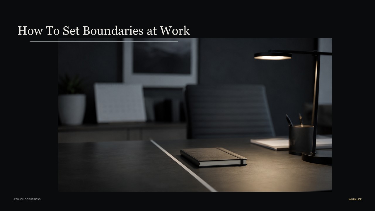 Minimal dark office desk with notebook, dividing line, and warm desk lamp.
