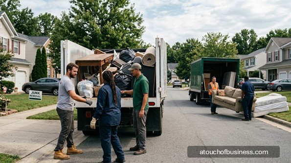 Junk removal crews load furniture and waste into trucks on a suburban residential street.