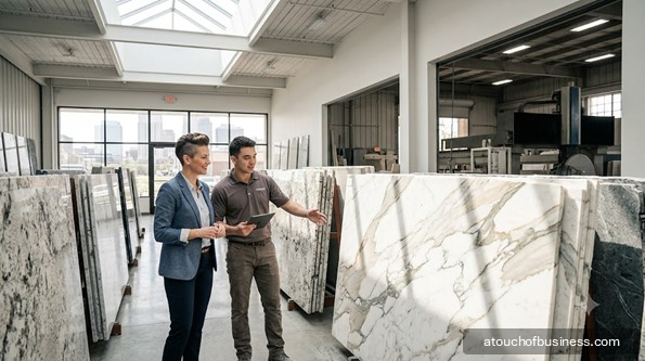 A customer and employee select stone slabs in a modern, well-lit American marble and granite showroom.