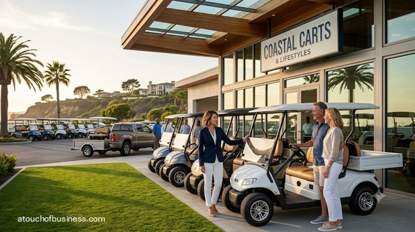 Staff member in a blue blazer highlights a white electric golf cart for customers at a modern coastal dealership.