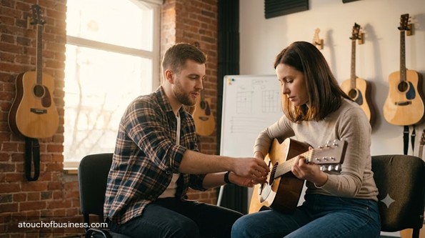 An instructor teaching acoustic guitar chord position to a student in a modern, sunlit private studio.