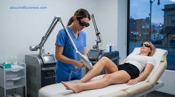 A laser hair removal technician in scrubs and goggles treats a client's leg with a modern machine.