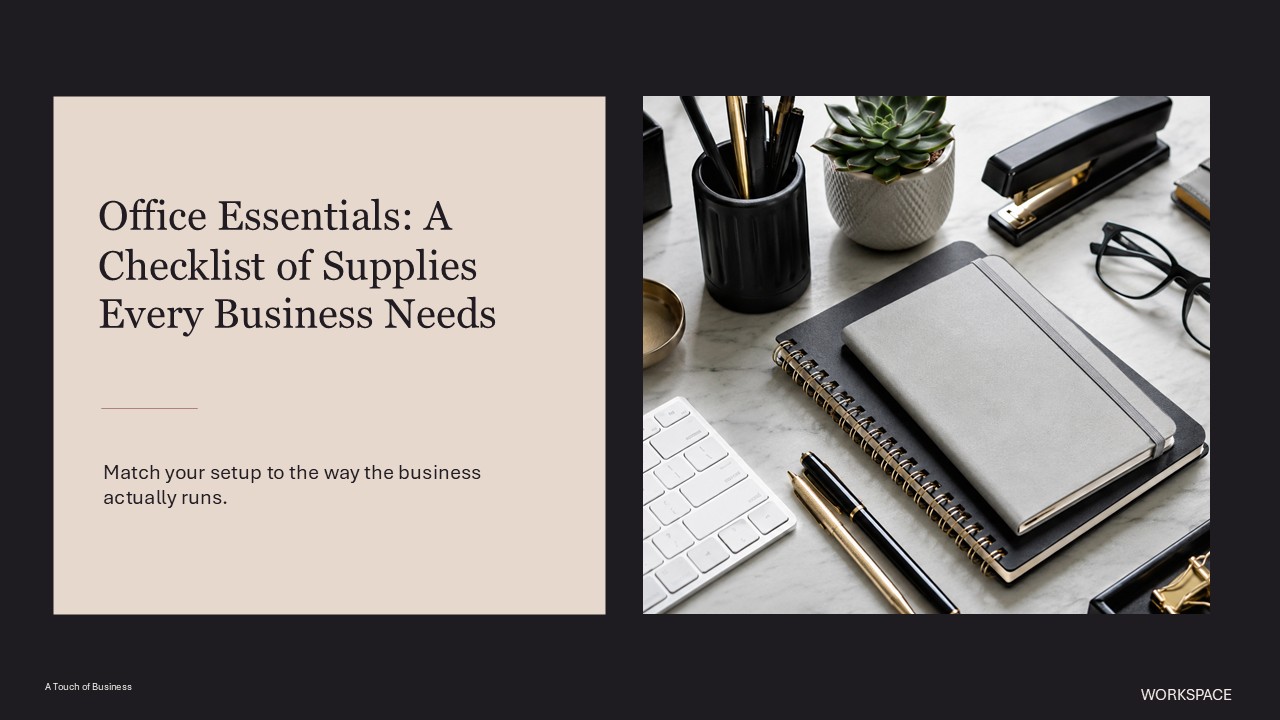 Clean modern office desk flat lay scene from a supporting Office Essentials: A Checklist of Supplies Every Business Needs.