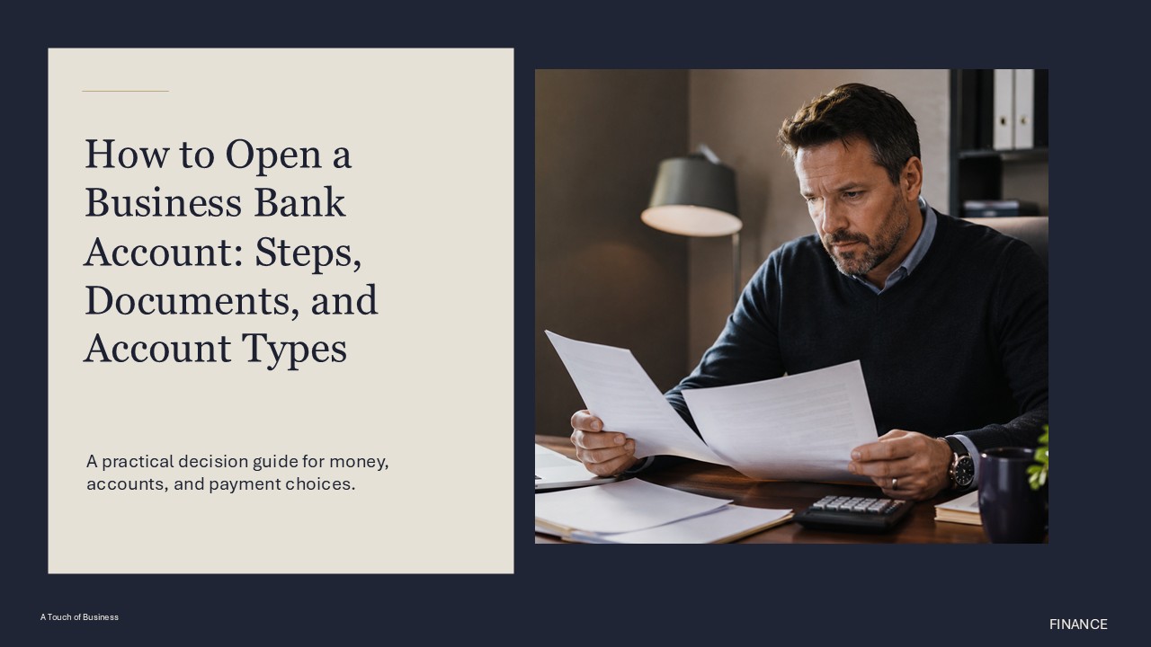 Professional finance workspace supporting How to Open a Business Bank Account: Steps, Documents, and Account Types.