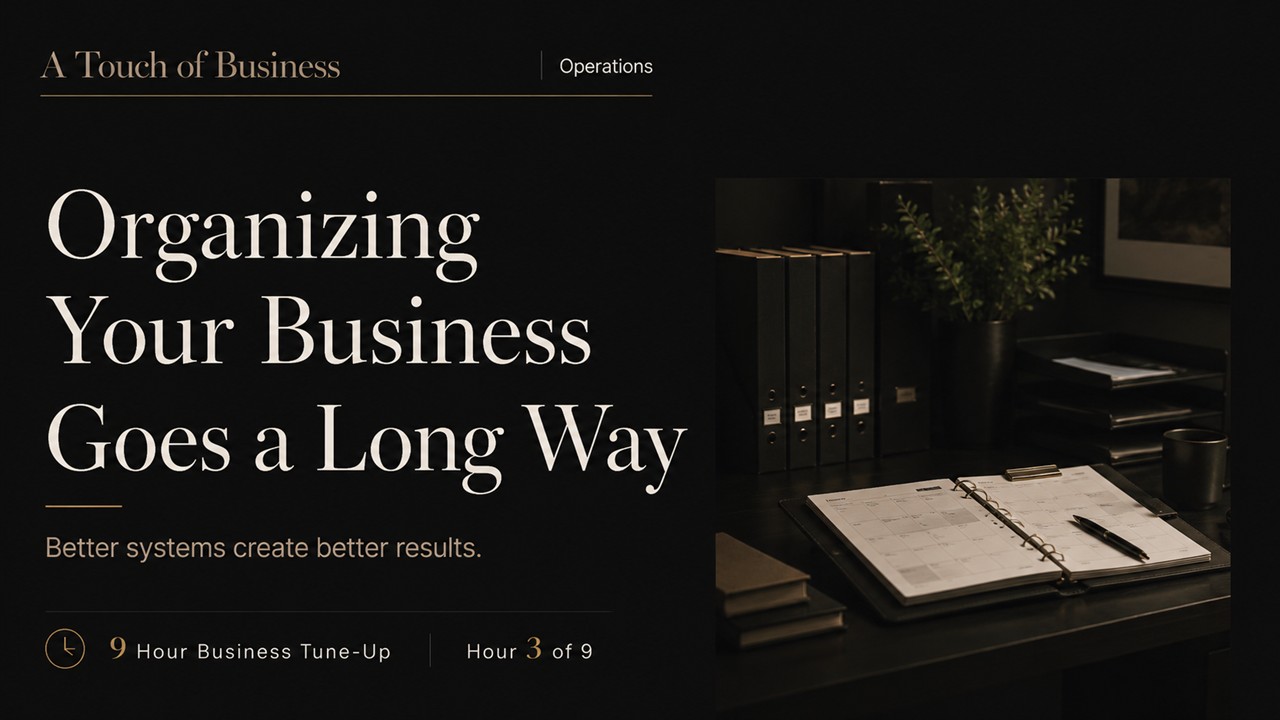 Organized office binders and an open planner appear beside a large editorial headline about organizing your business.