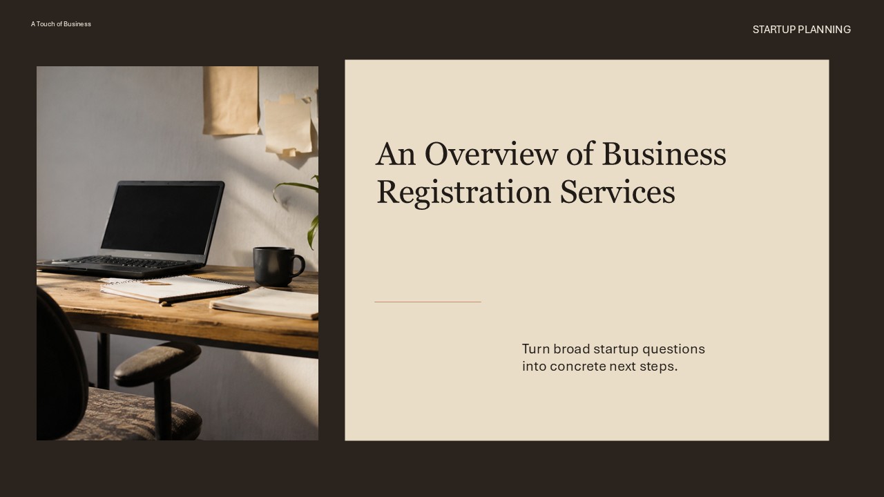 Startup planning workspace supporting An Overview of Business Registration Services.