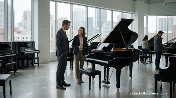 A customer discusses features of a large polished grand piano with a sales professional near a window.