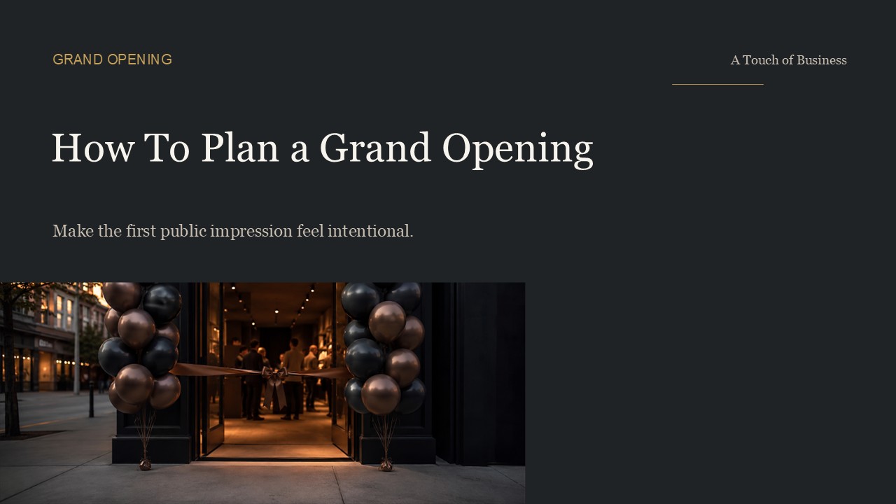 Charcoal storefront at dusk with open doors, balloons, and a bronze ribbon.