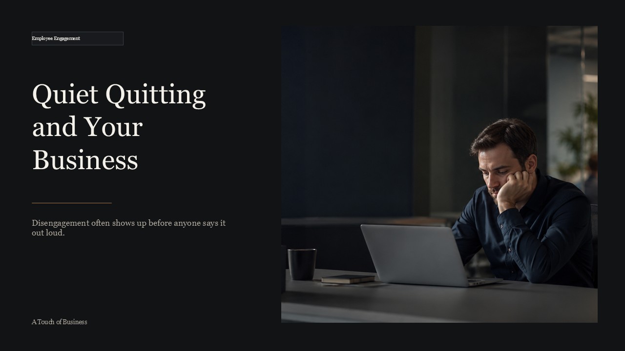 Tired office worker slouching over a laptop in a subdued open-plan workplace.
