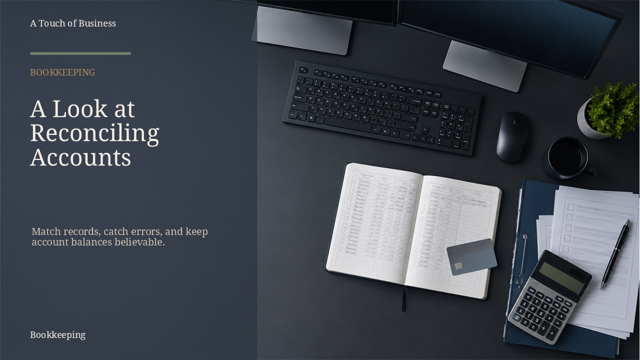 Top-down dark workstation with monitors, ledger, calculator, card, and organized papers.