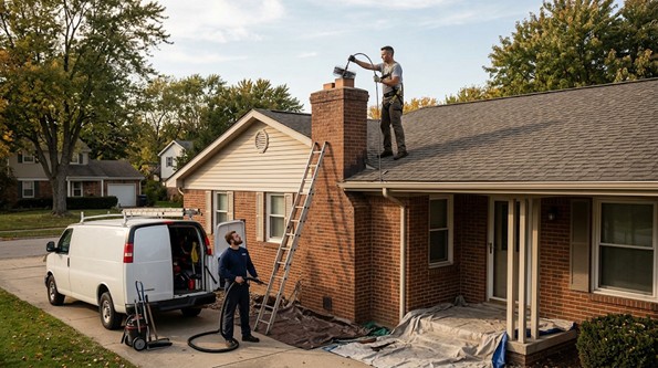 Two chimney sweeps working to clean a chimney on a suburban house.