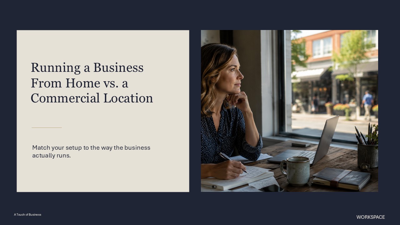 Organized office workspace supporting Running a Business From Home vs. a Commercial Location.