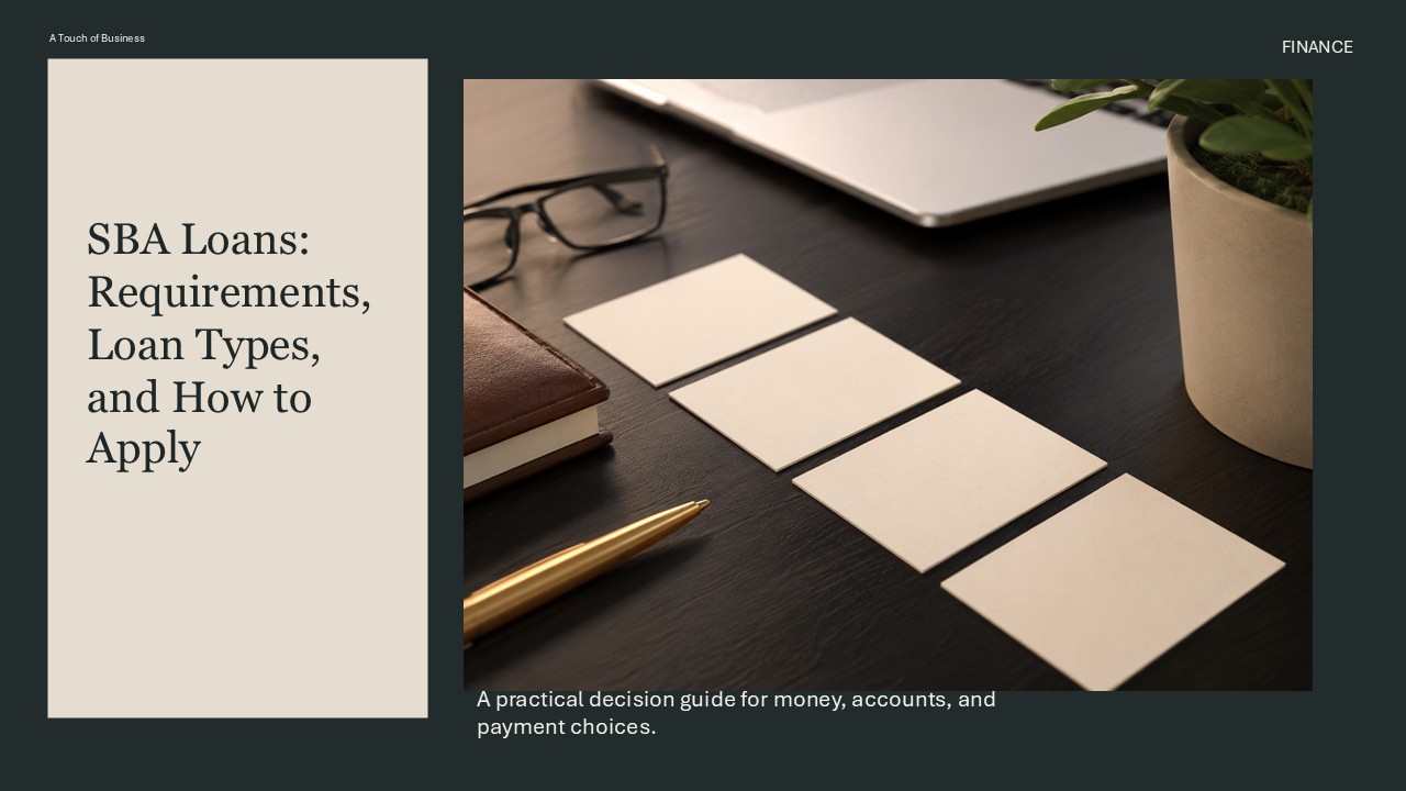 Professional finance workspace supporting SBA Loans: Requirements, Loan Types, and How to Apply.