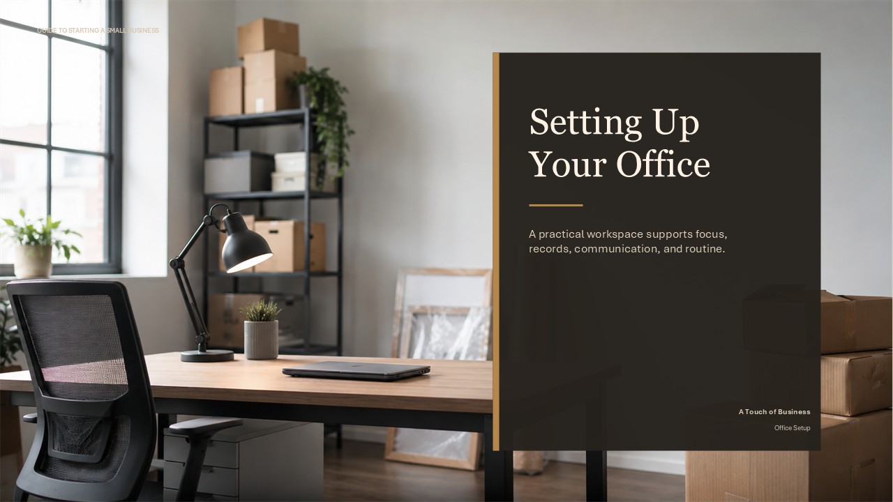 Minimal office with desk, lamp, laptop, shelves, plants, and moving boxes.