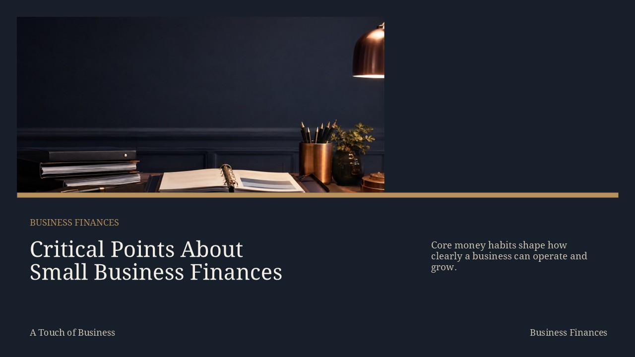 Elegant dark office desk with binders, planner, calculator, copper lamp, and navy wall.