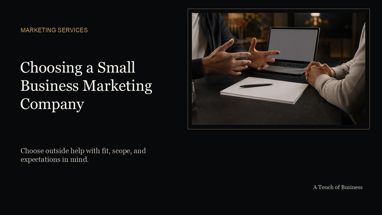 Two professionals in a warm office meeting with a laptop and notepad.