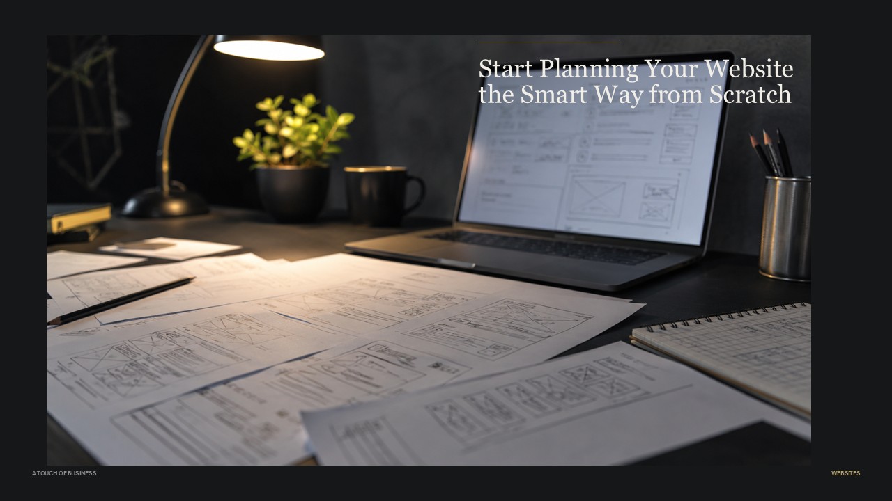 Dark design workspace with website wireframes, sketches, laptop, and desk lamp.