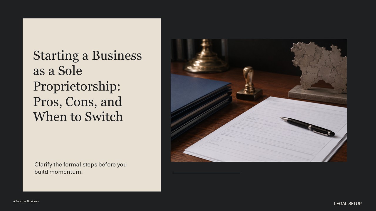 Business registration and paperwork scene supporting Starting a Business as a Sole Proprietorship: Pros, Cons, and When to Switch.