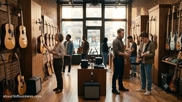 A customer browses acoustic guitars in a sunny, independent music boutique.