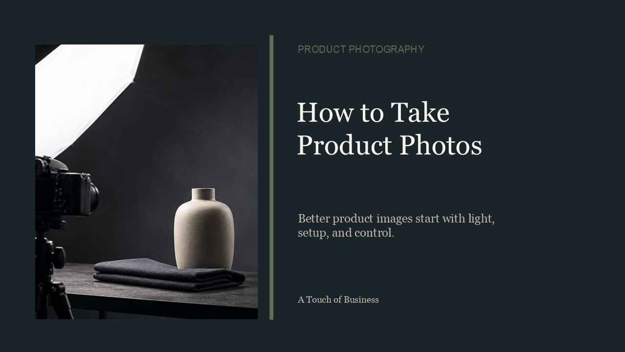 Camera, softbox, reflector, and ceramic product arranged in a moody product photography setup.