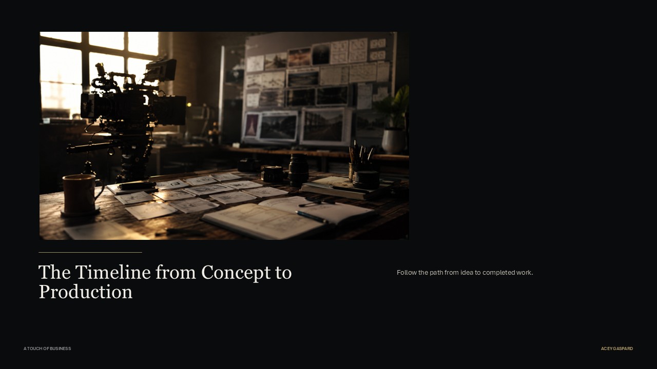 Creative production desk with camera rig, storyboard sketches, and warm studio light.