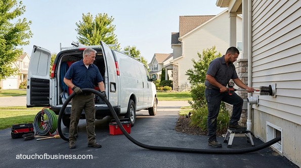 Two men clean an exterior residential dryer vent system using tools from a service van.