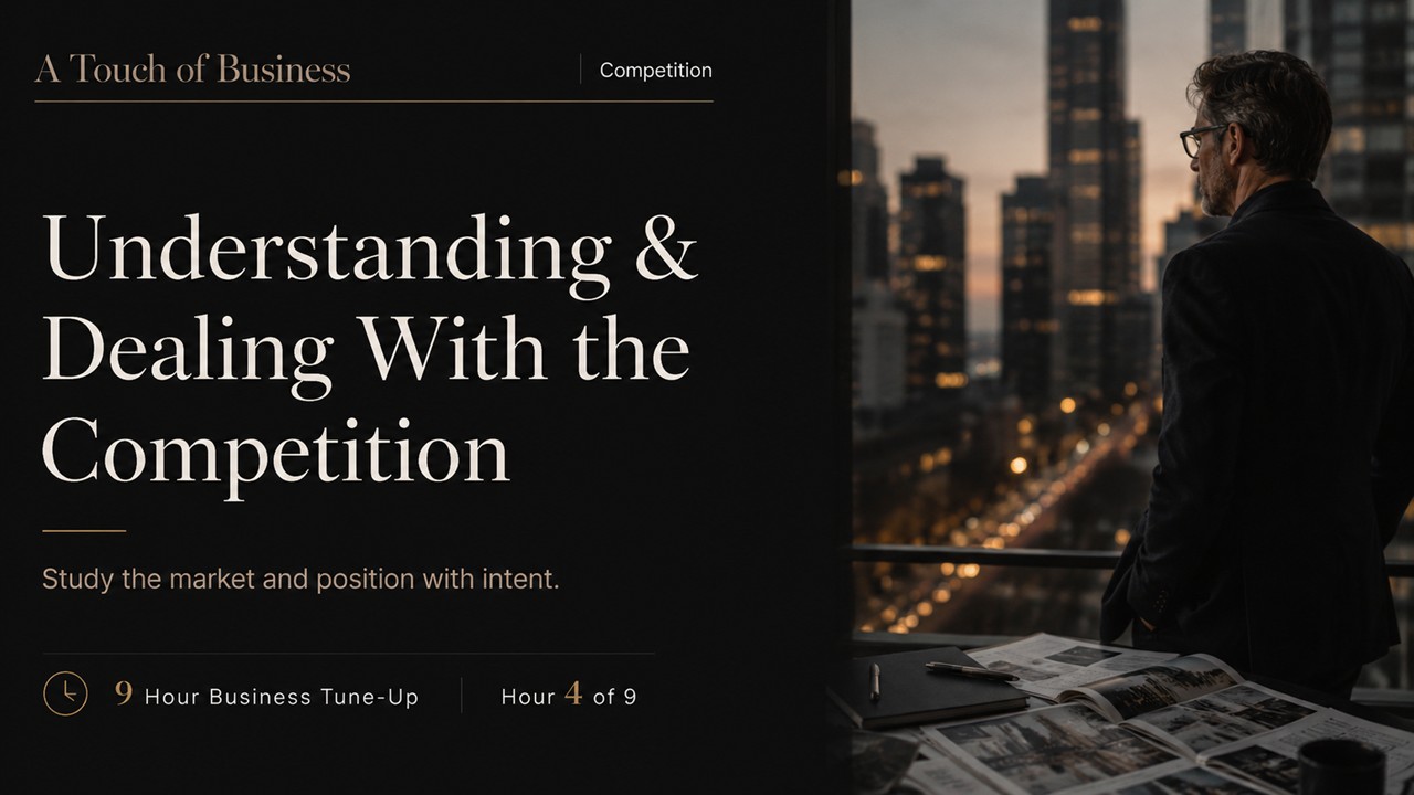Business owner looking over a city skyline with an editorial headline about understanding and dealing with the competition.