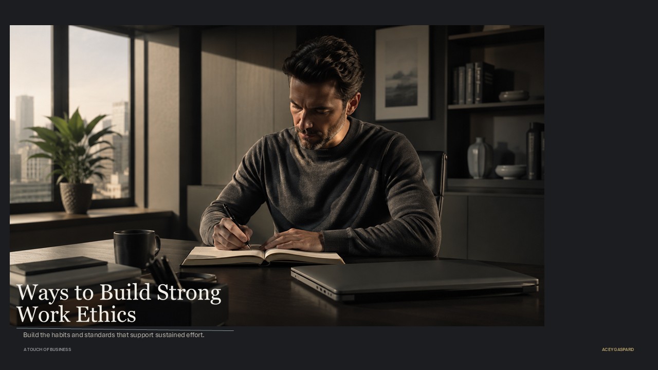 Focused person writing in a notebook at a modern office desk.