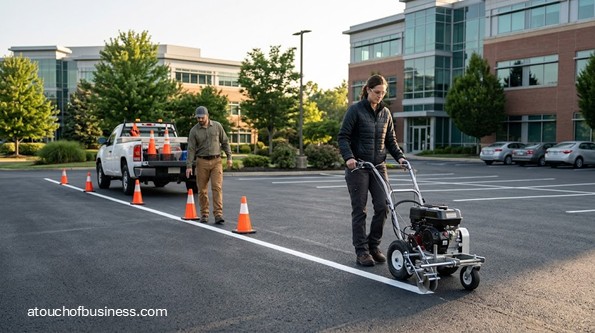 A woman operates a parking lot line painting machine near an office building.