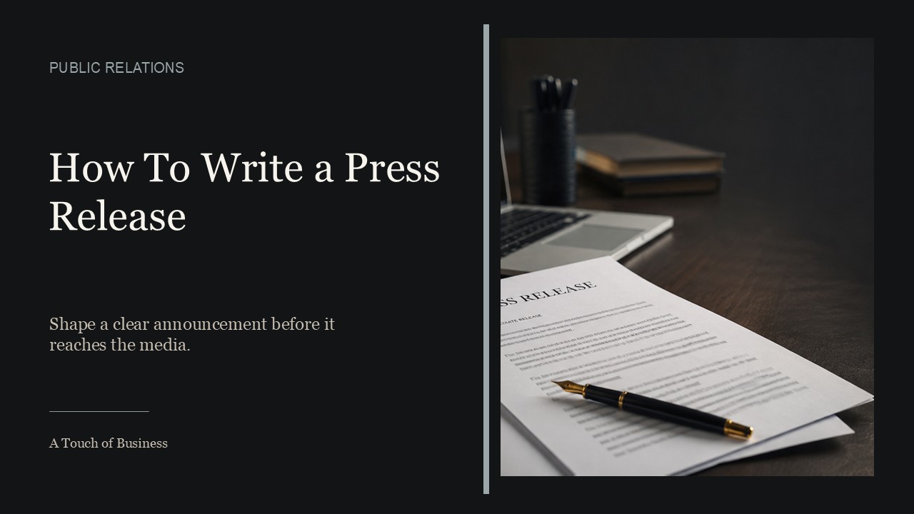 Press release document, laptop, and fountain pen on a dark office desk.