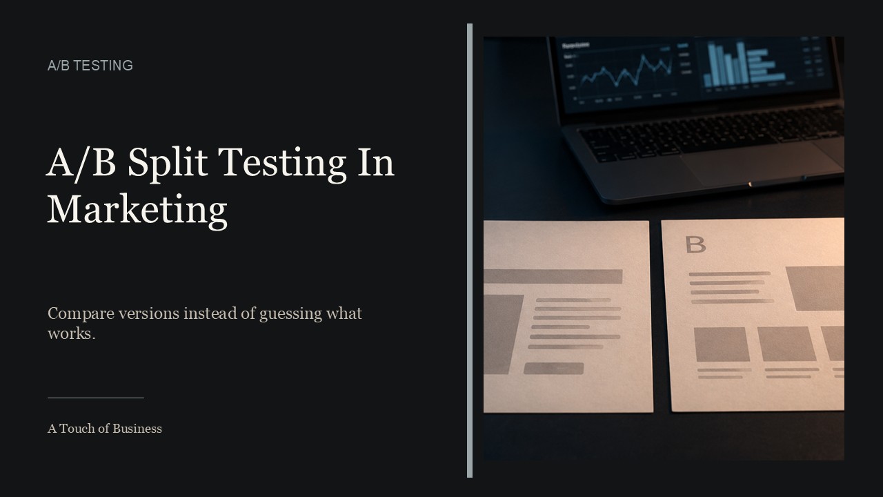 : Two cream mockup sheets labeled A and B on a dark desk with analytics in the background