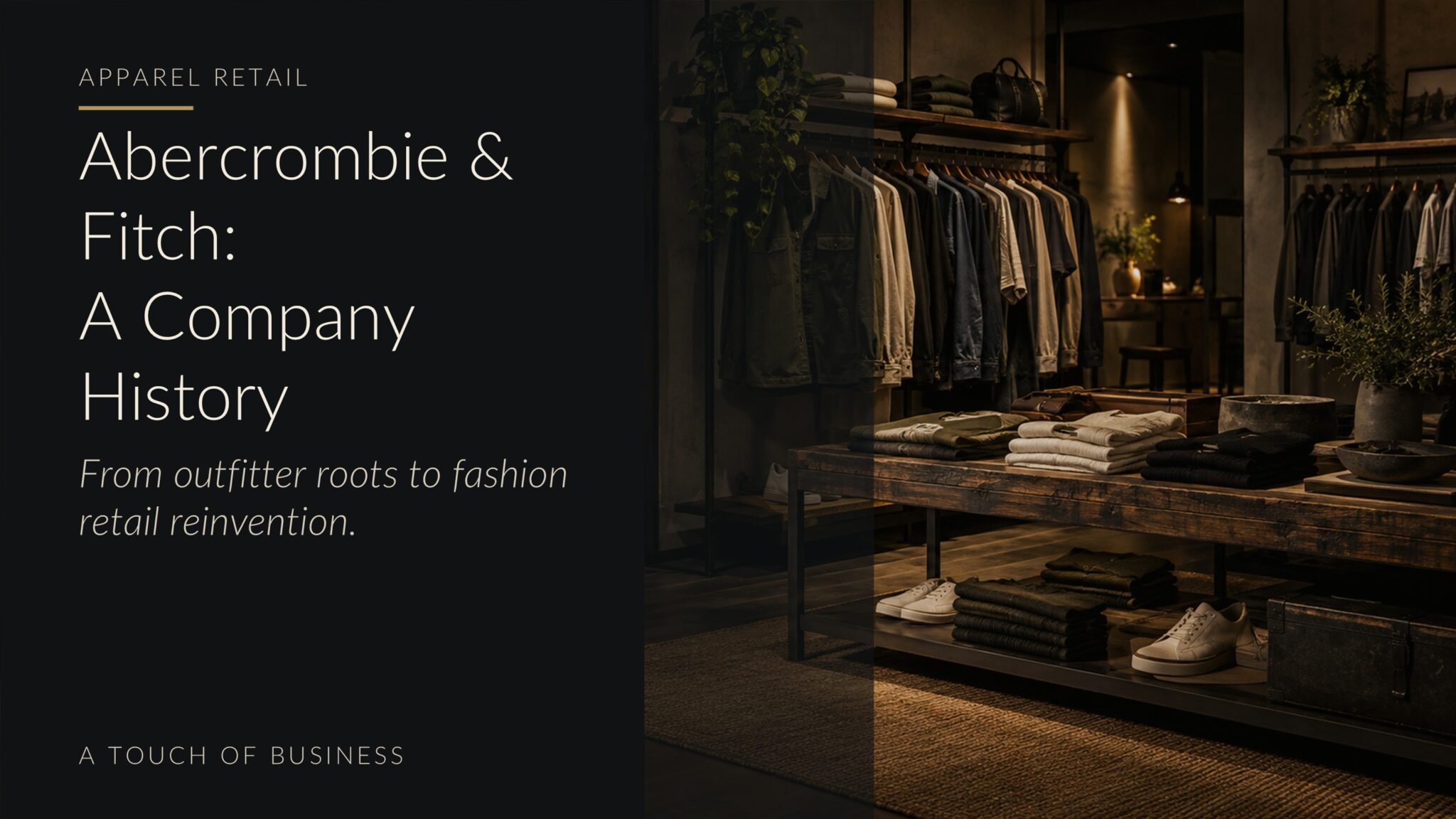 Moody modern fashion boutique with folded clothing, hanging jackets, and warm retail lighting.