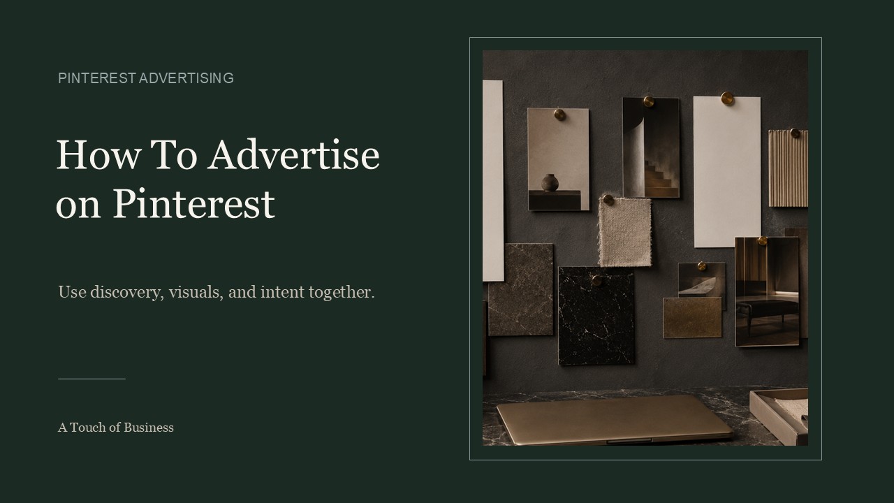 Dark design studio wall with pinned photos, material swatches, and warm brass accents.