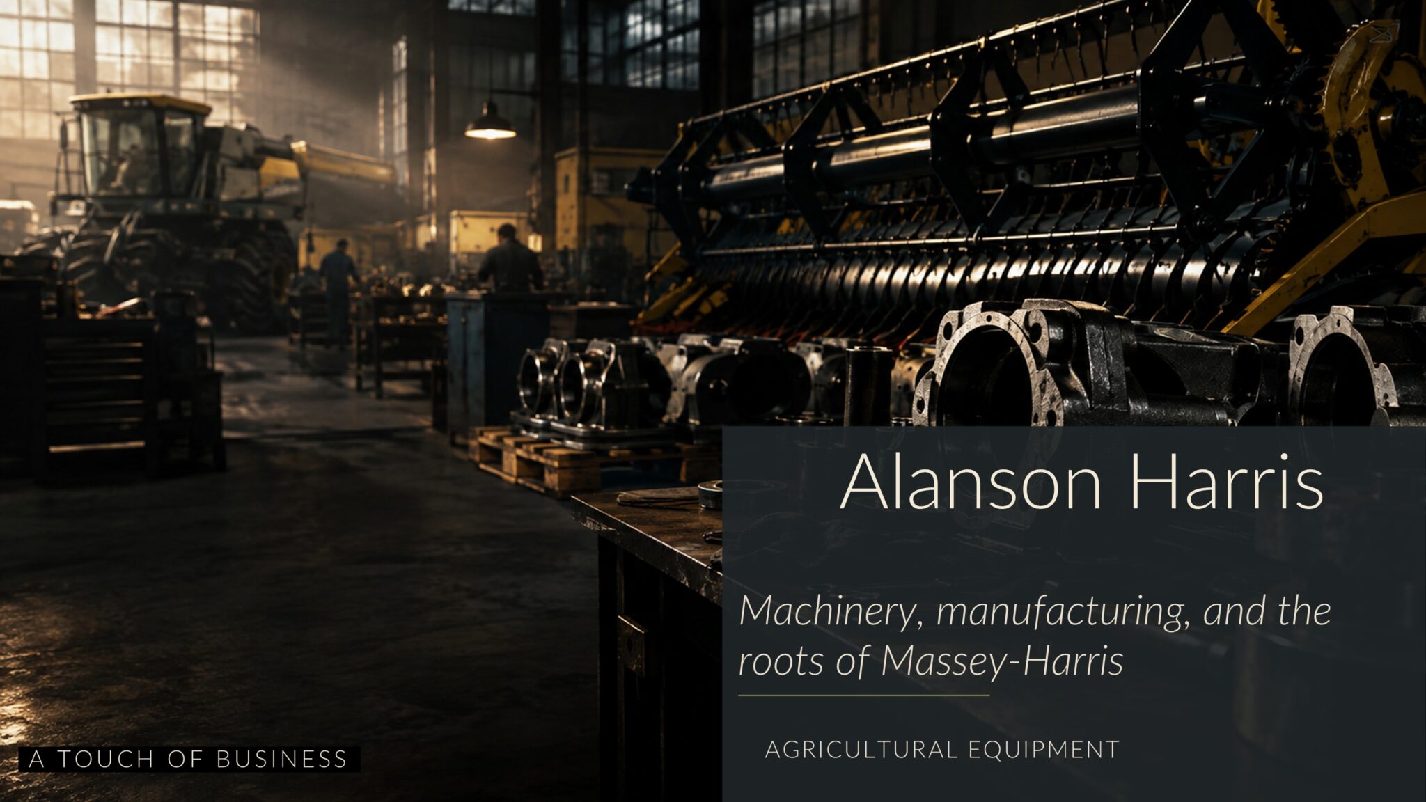 Dark agricultural machinery workshop with cast-metal components and equipment fading into haze.