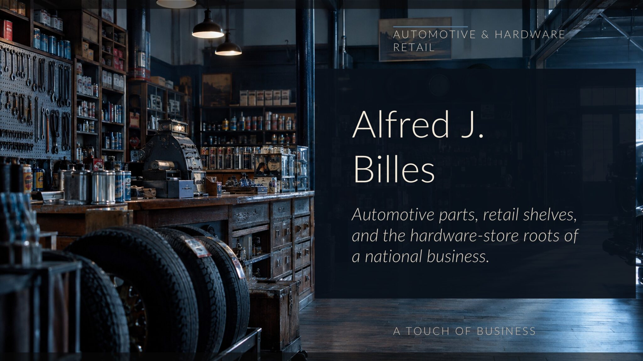 Moody old auto-parts and hardware shop with tires, wooden counters, tools, shelves, and workshop supplies.