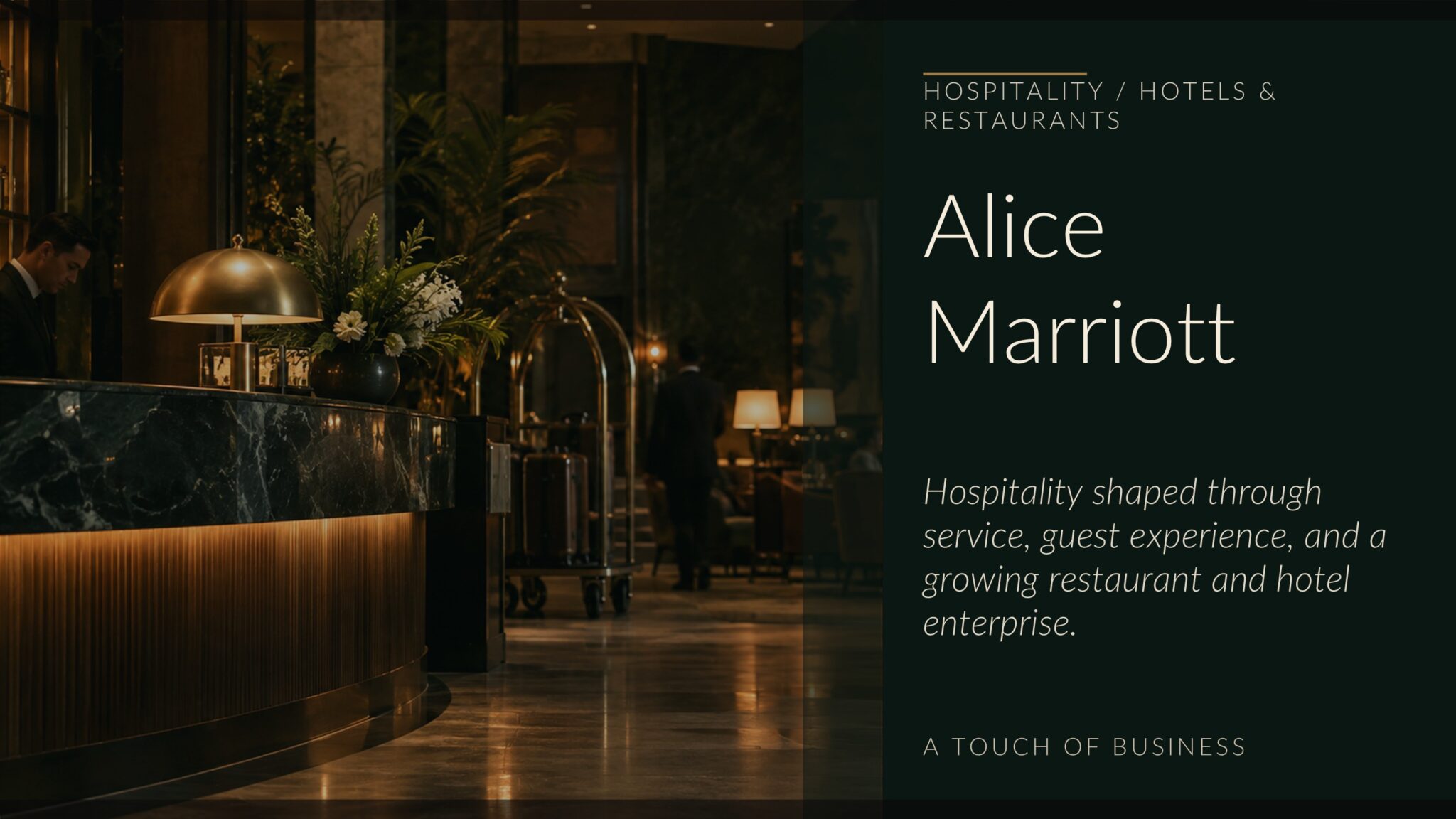 Upscale hotel lobby and restaurant interior with warm lighting, marble reception desk, luggage cart, and seated guests.