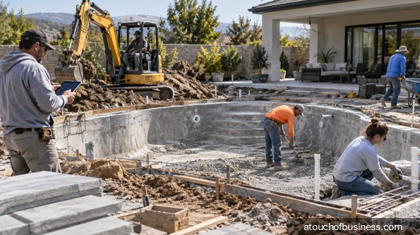 Construction crew building an in-ground pool in a residential backyard.