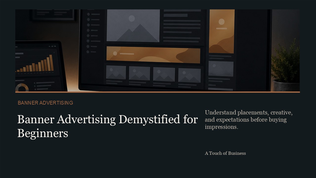 Wide monitor displaying abstract dark advertising panels with notebook and coffee nearby.