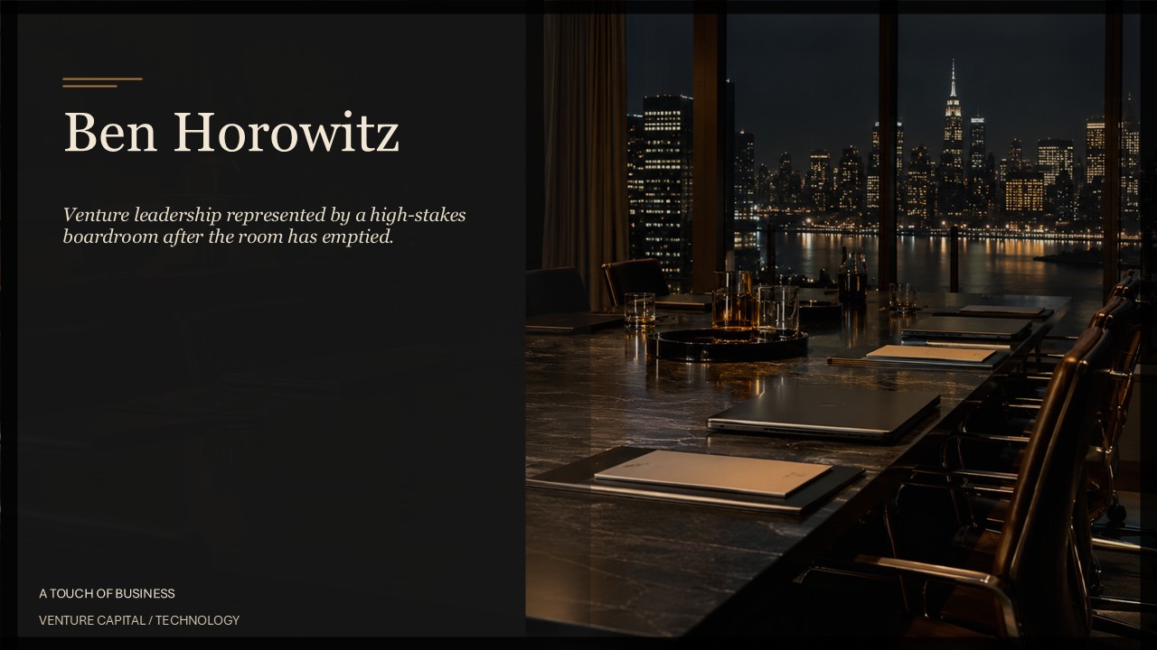 Empty high-end boardroom at night with city skyline, laptops, folders, and warm brass lighting