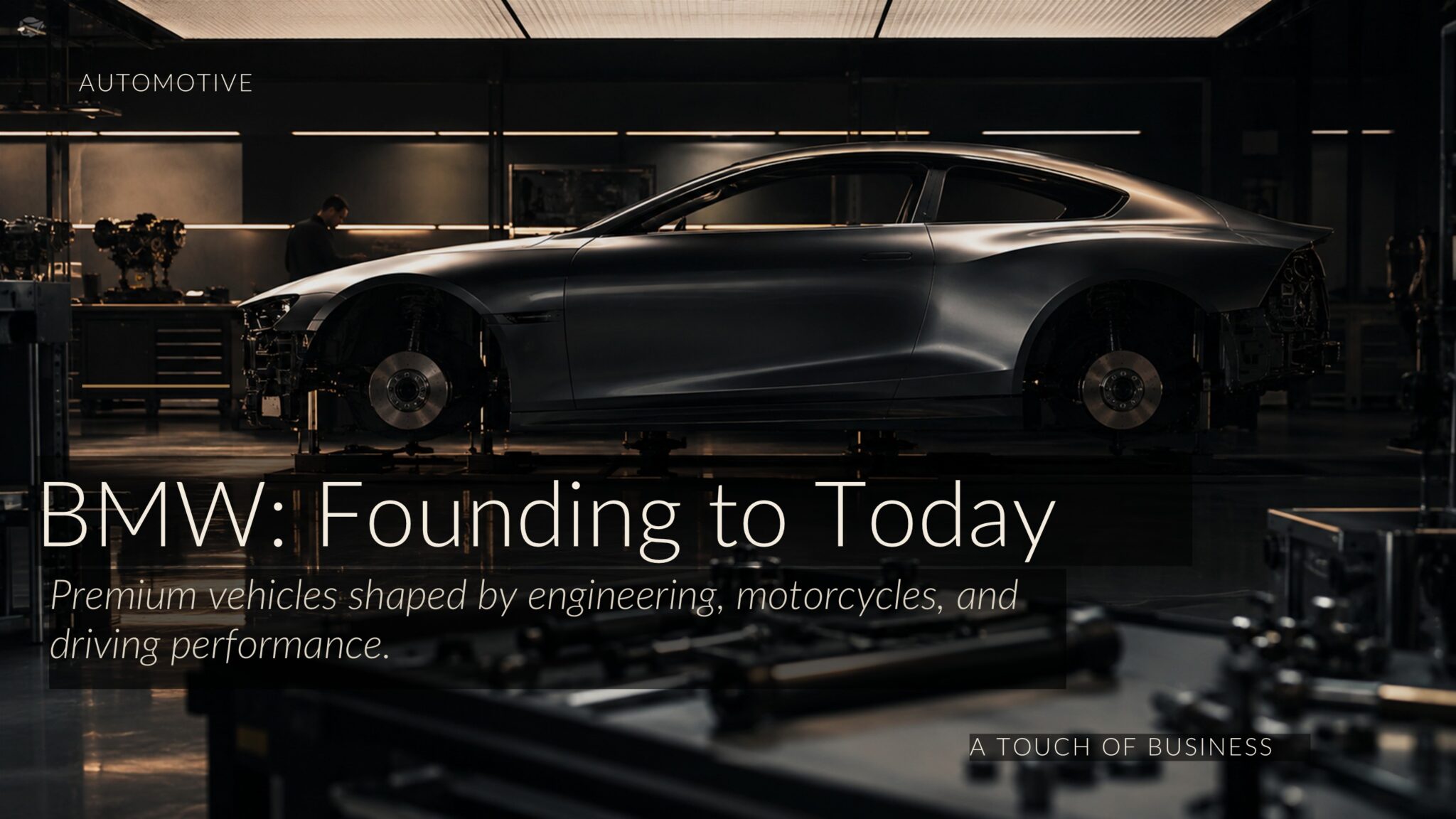 Sleek coupe body under warm lights in a dark automotive engineering workshop.