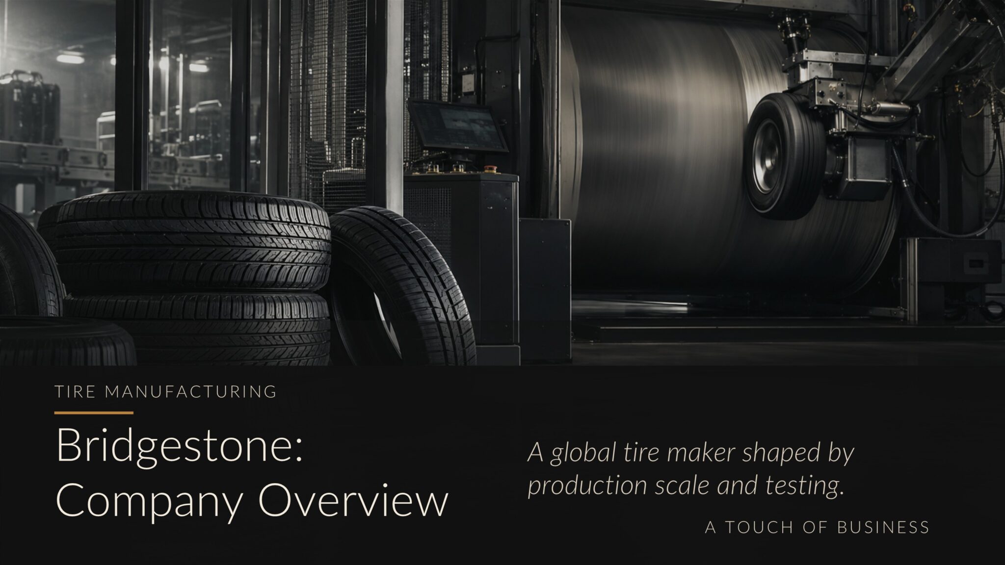 Moody tire testing laboratory with stacked tires, testing drum, machinery, and control console.
