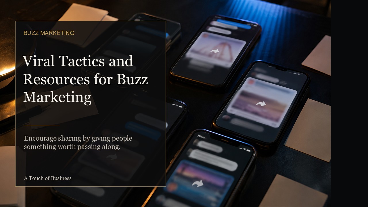 : Several smartphones on a dark desk showing blurred shared posts and chat cards.